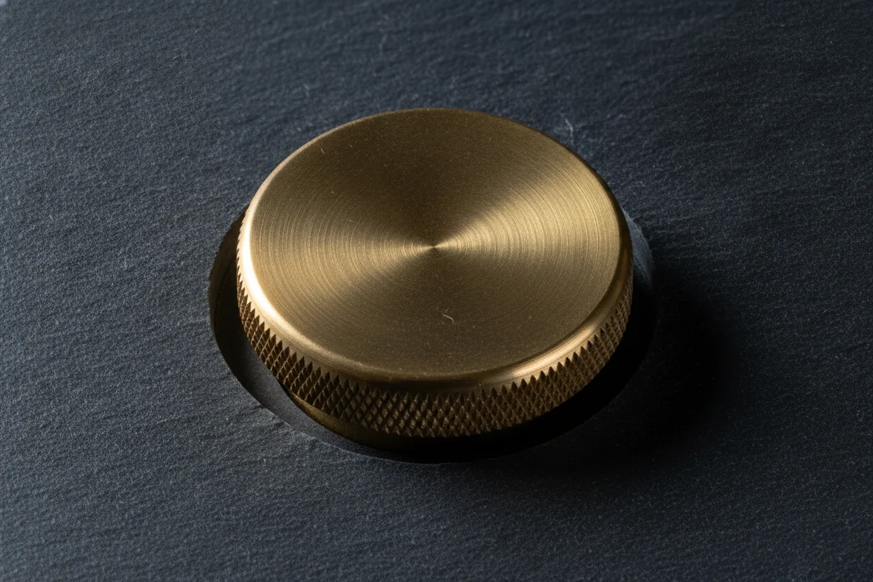 One oversized machined brass push button with a knurled rim, seated in a milled recess in a slab of dark slate, raking light from the left along its bevel and a black shadow gap under the right edge.