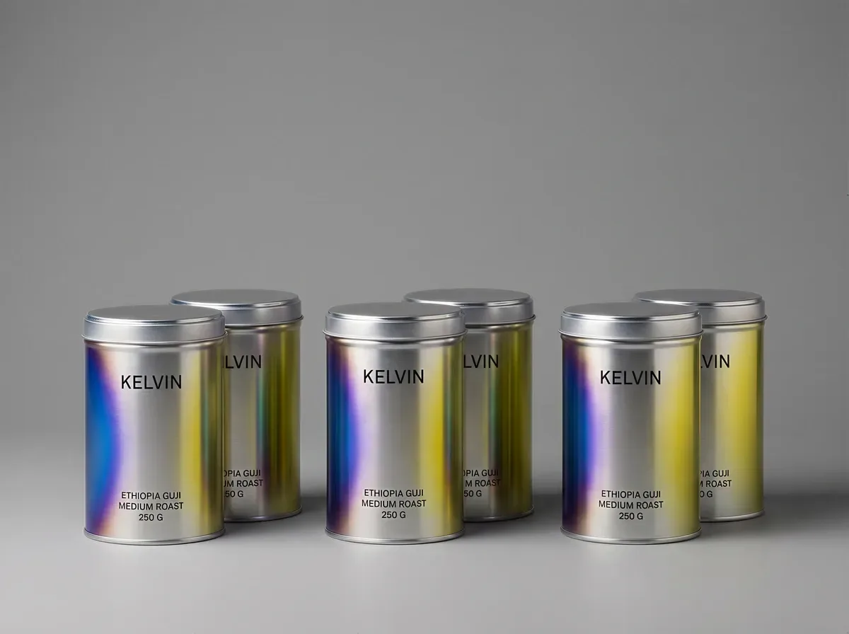 Six identical coffee tins arranged in three overlapping pairs on a pale grey sweep, lit from one side, framed as the pack shot for a six-unit bundle.