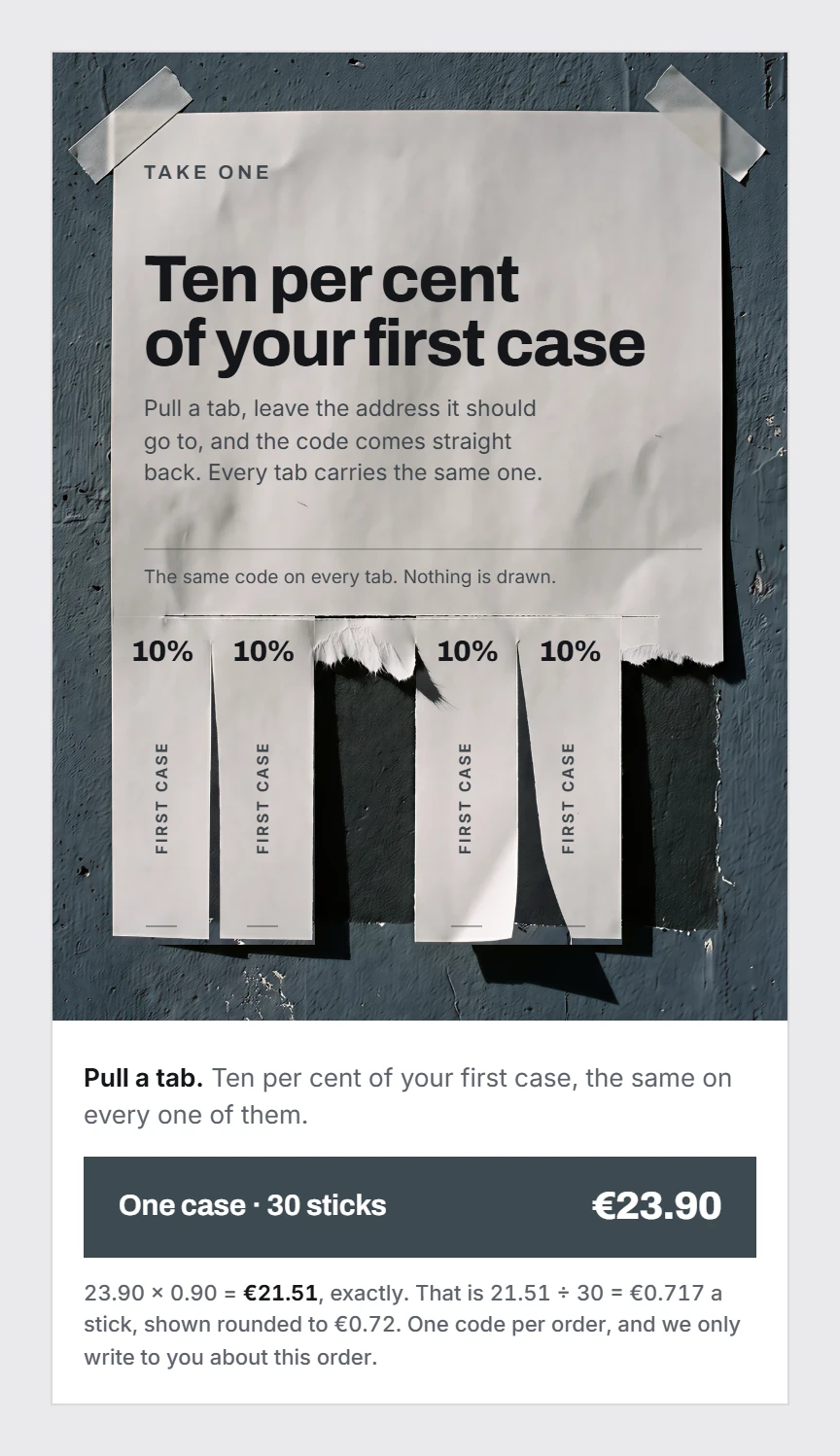 A paper poster taped to a dark slate wall, four tear-off tabs pulled from its lower edge, each printed 10% and FIRST CASE, with one case of 30 sticks at €23.90 and the arithmetic of the discount written out underneath.