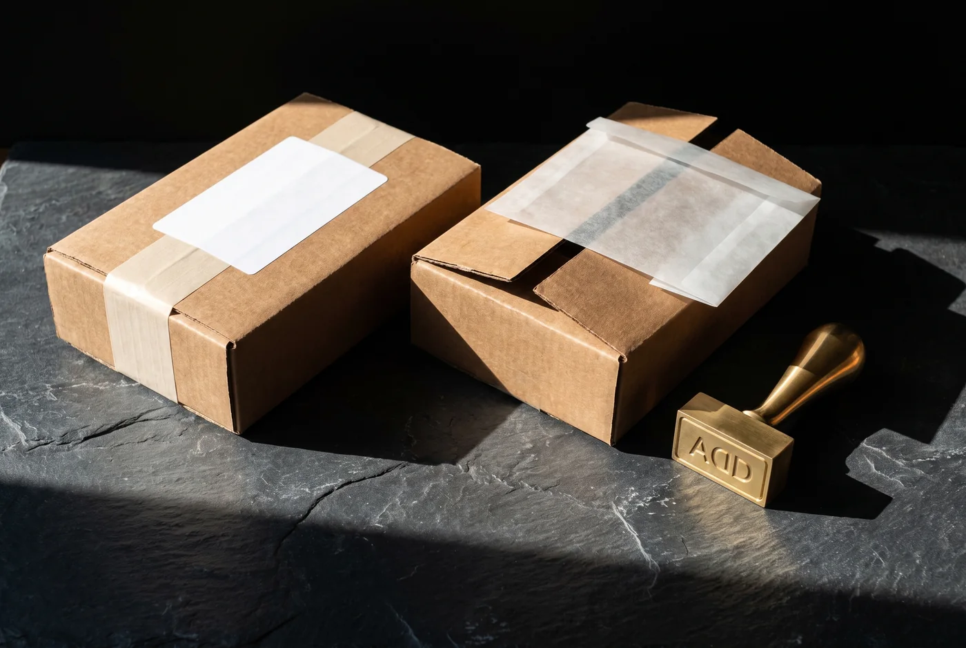 Two brown parcels on dark slate, the left one taped shut and labelled, the right one still open with a small extra sachet resting on the flap and a brass stamp beside it reading ADD.