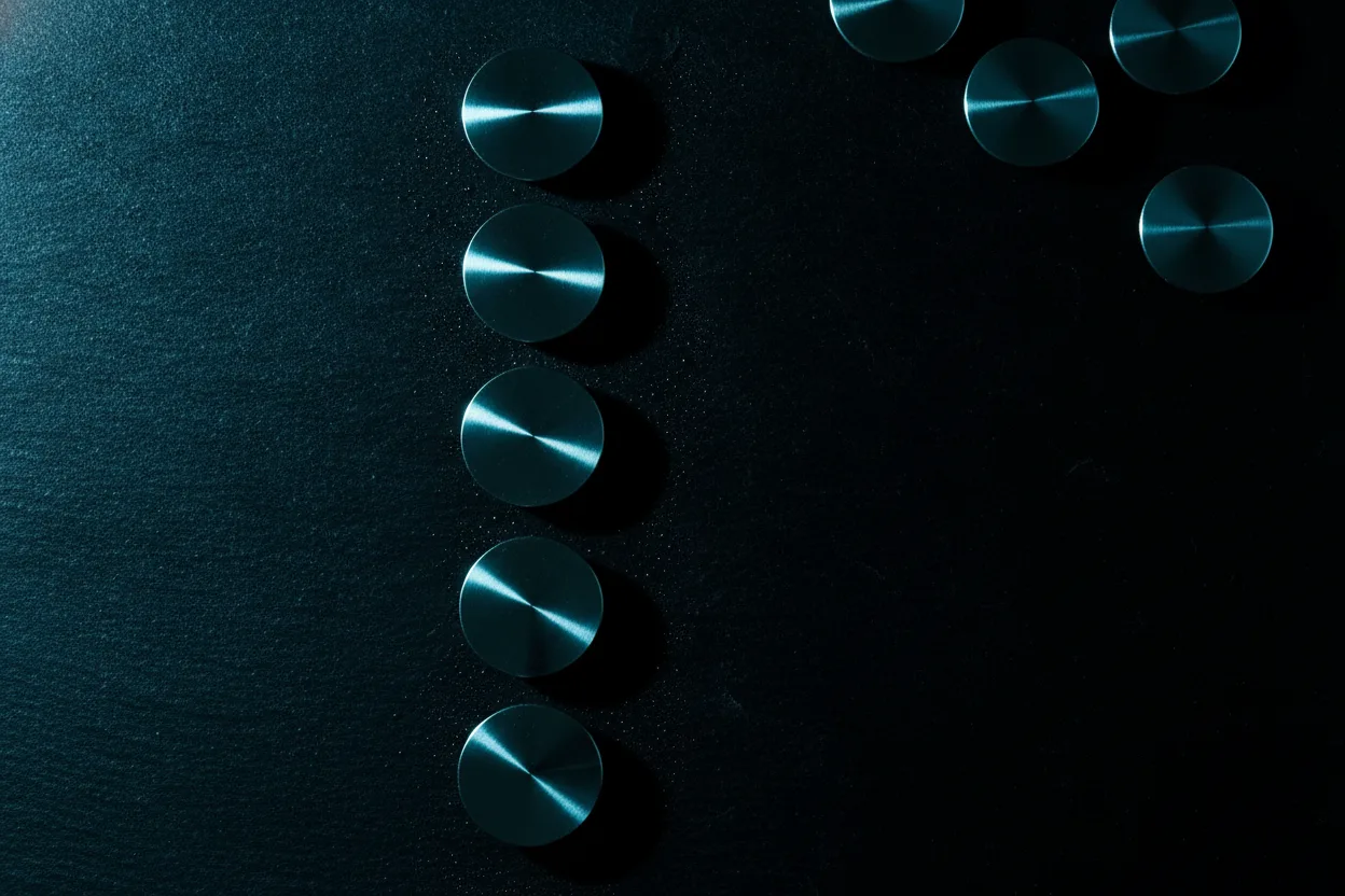 Polished steel discs laid out in one straight vertical column on wet black slate under cold blue light, each throwing a hard shadow to the right, with several more discs scattered out of focus in the dark corner.