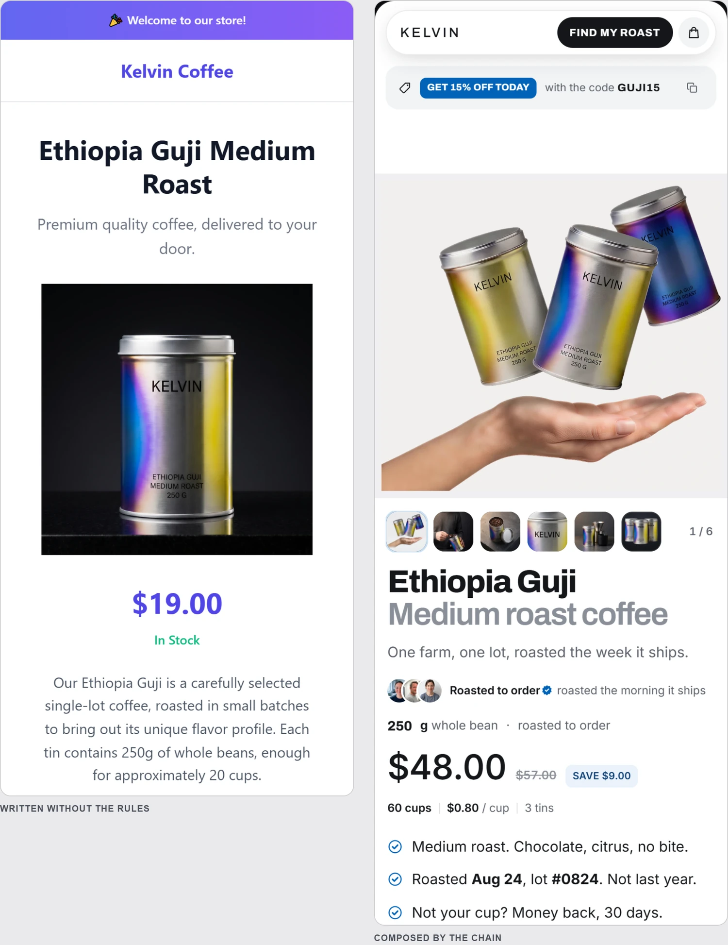 Two mobile product pages side by side at the same width. Left: a centred generic layout. Right: the same product with a gallery, three purchase tiers, an add-on and a guarantee, in one column.
