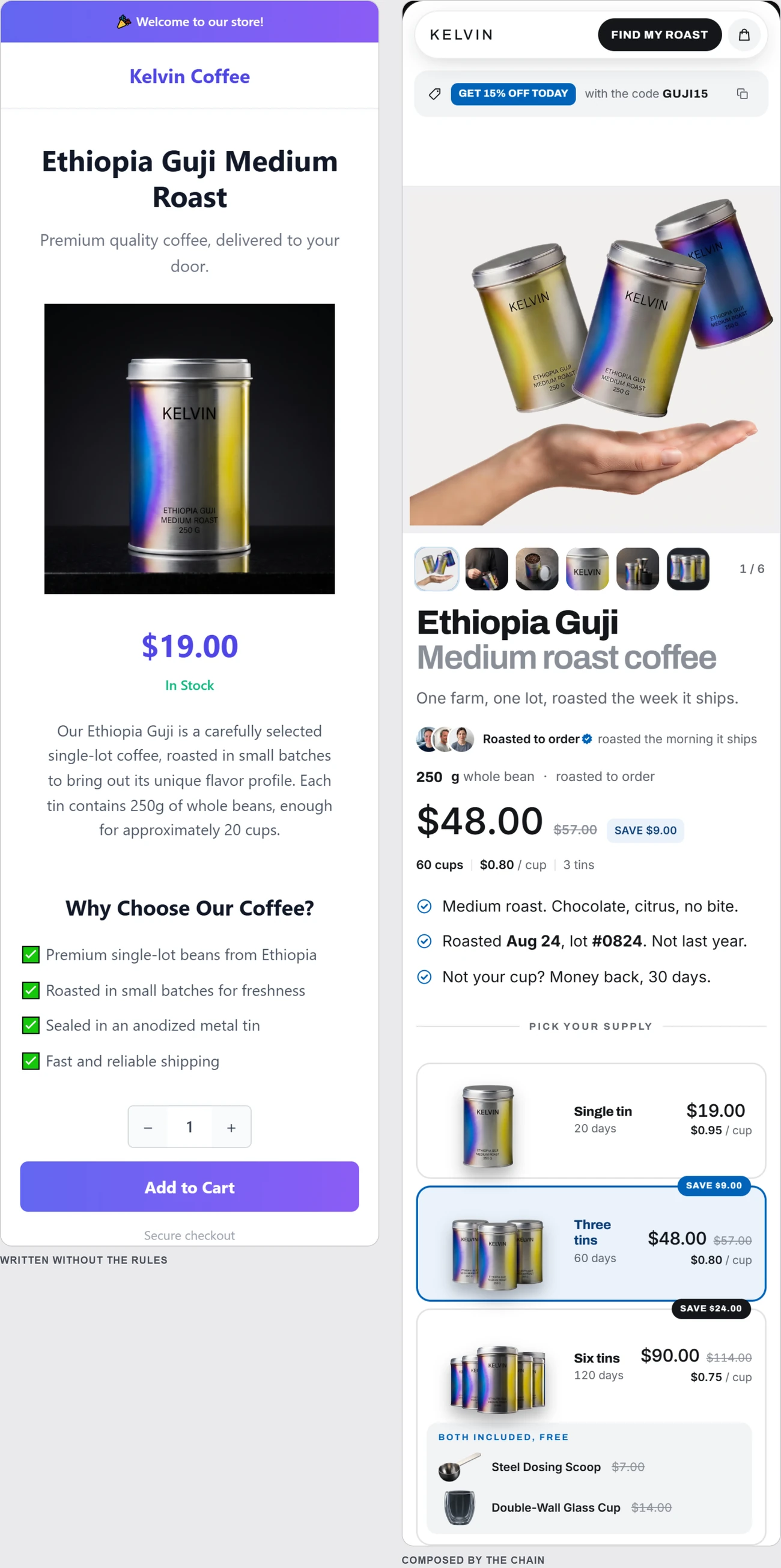 Two versions of the same coffee page side by side at the same width. On the left, a purple gradient banner, a centred title, green tick bullets, a plus-minus stepper and a gradient Add to Cart. On the right, the tins photographed above an open hand, a gallery strip, and three purchase tiers with the saving on each.