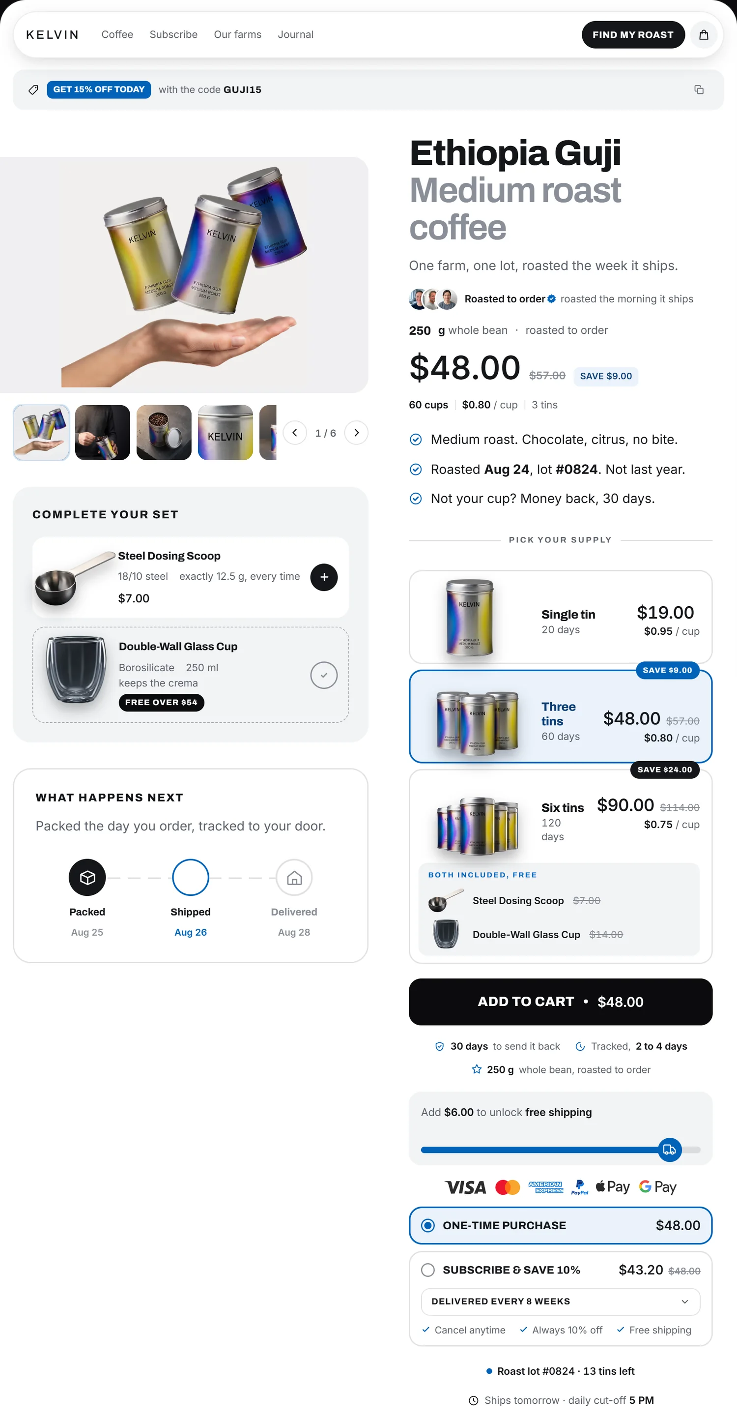 A product page built around photography. The tins above an open hand, a gallery strip, the price struck through against the saving, three purchase tiers, an add-on section offering a steel scoop and a glass cup, and a guarantee line, in one column at phone width.