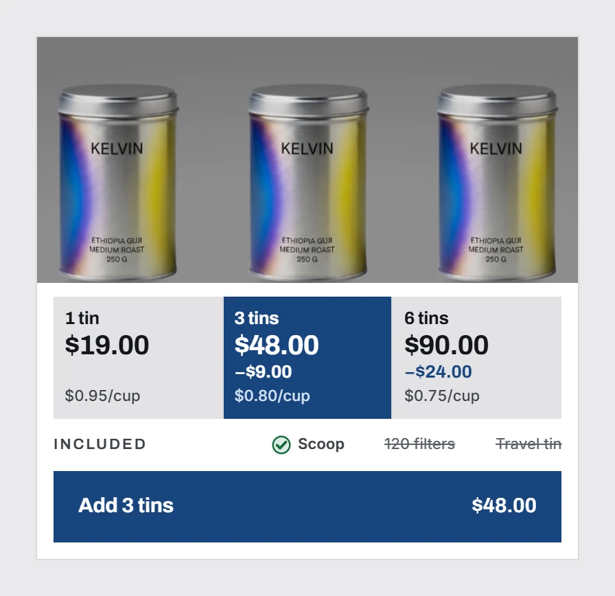 A bundle quantity selector rendered as three price cards (1 tin at $19.00, 3 tins at $48.00, 6 tins at $90.00), each showing the cost per cup, with the middle tier preselected.