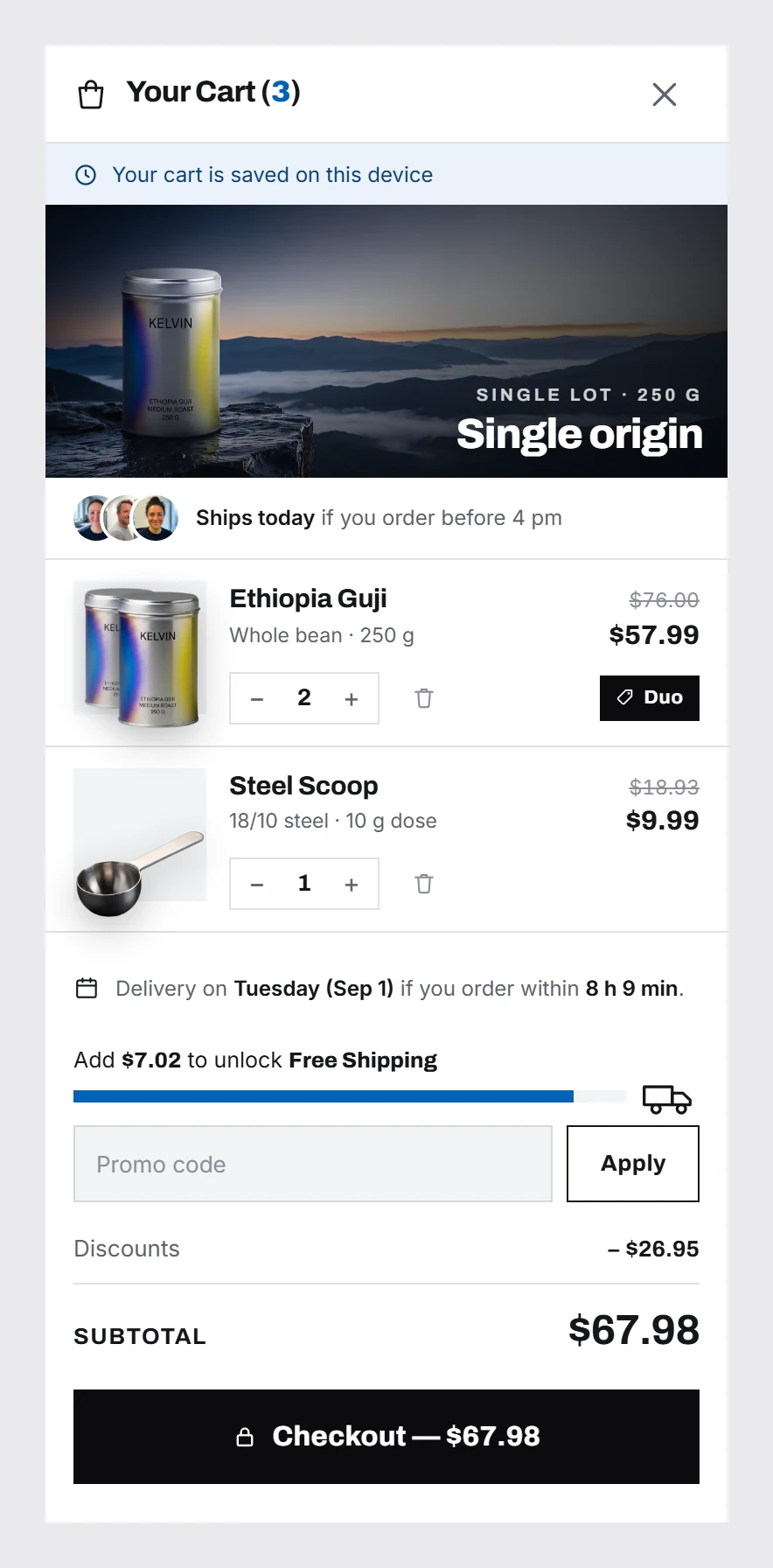 A cart drawer: a single-origin banner, two lines each with its own quantity stepper, a delivery date, a free-shipping bar reading $7.02 to go, a promo field, and a checkout button.