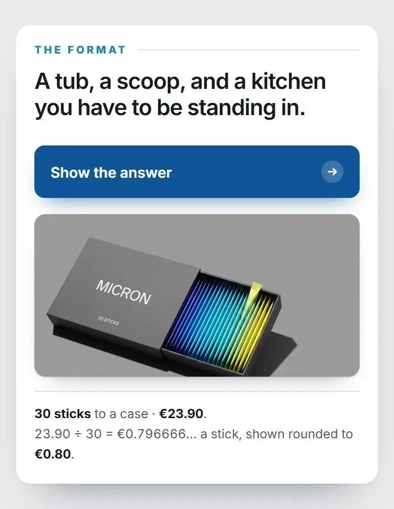 A product card that names the format problem (a tub, a scoop, and a kitchen you have to be standing in), then reveals the answer: a case of thirty sticks at €23.90, with the division written out in full underneath.