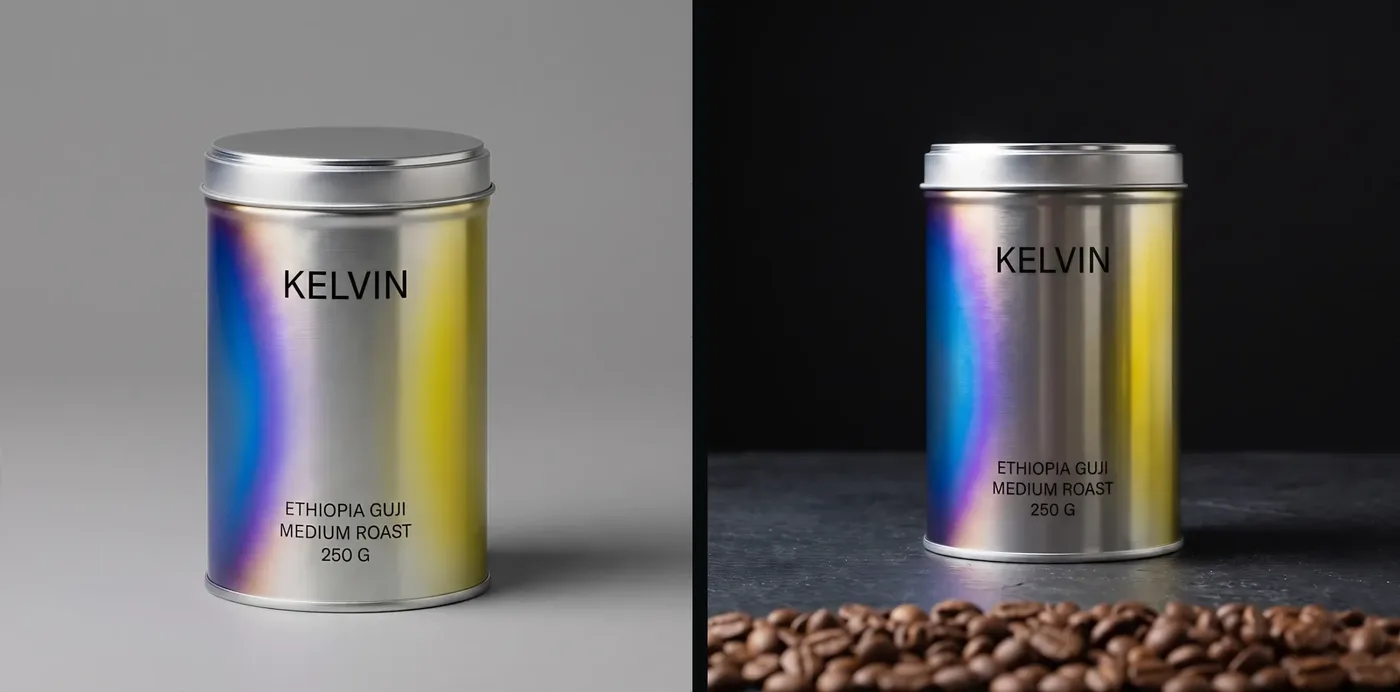 The same coffee tin rendered twice. On the left, lit flat against a plain grey wall. On the right, the same tin lit from behind on a dark surface, with roasted beans in the foreground.