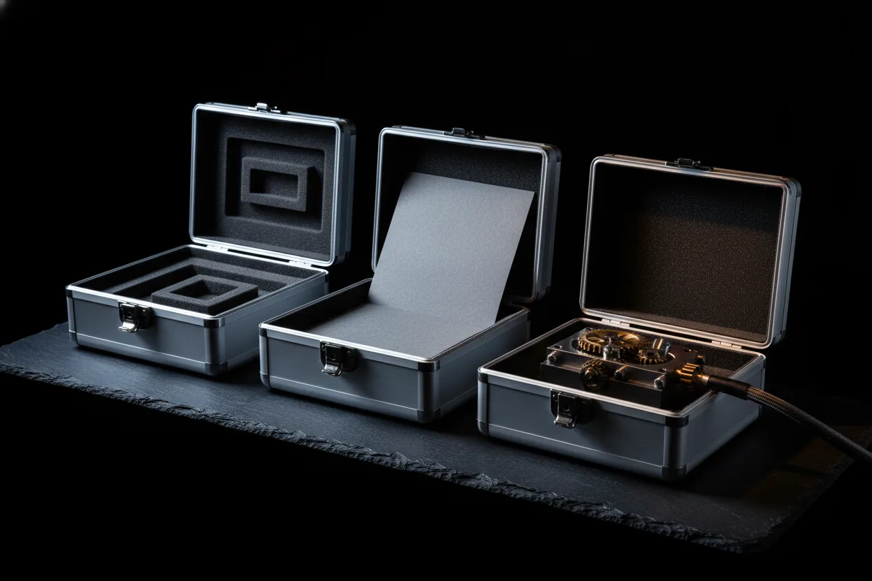 Three identical brushed aluminium cases open in a row on black slate. The first is empty foam, the second holds a plain grey card, the third holds a machined brass mechanism with a braided cable running out of the frame.