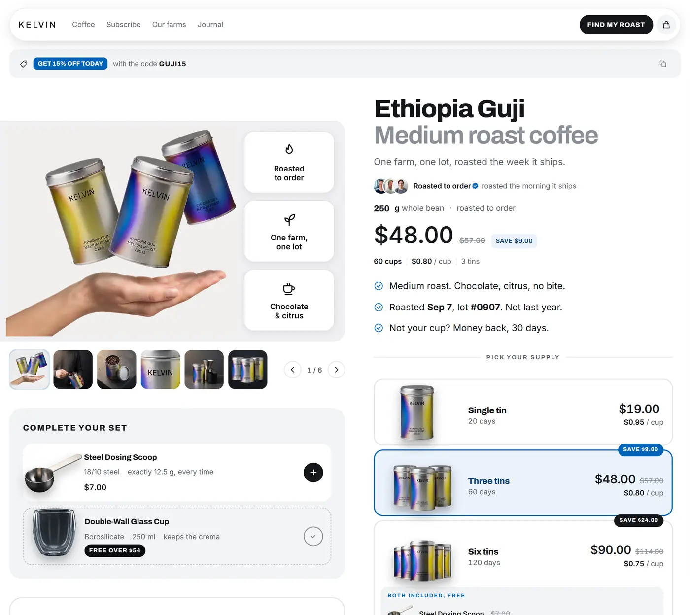 The same Kelvin product page built with uxgen: three price tiers, a complete-your-set box, reviews, and one Add to cart.