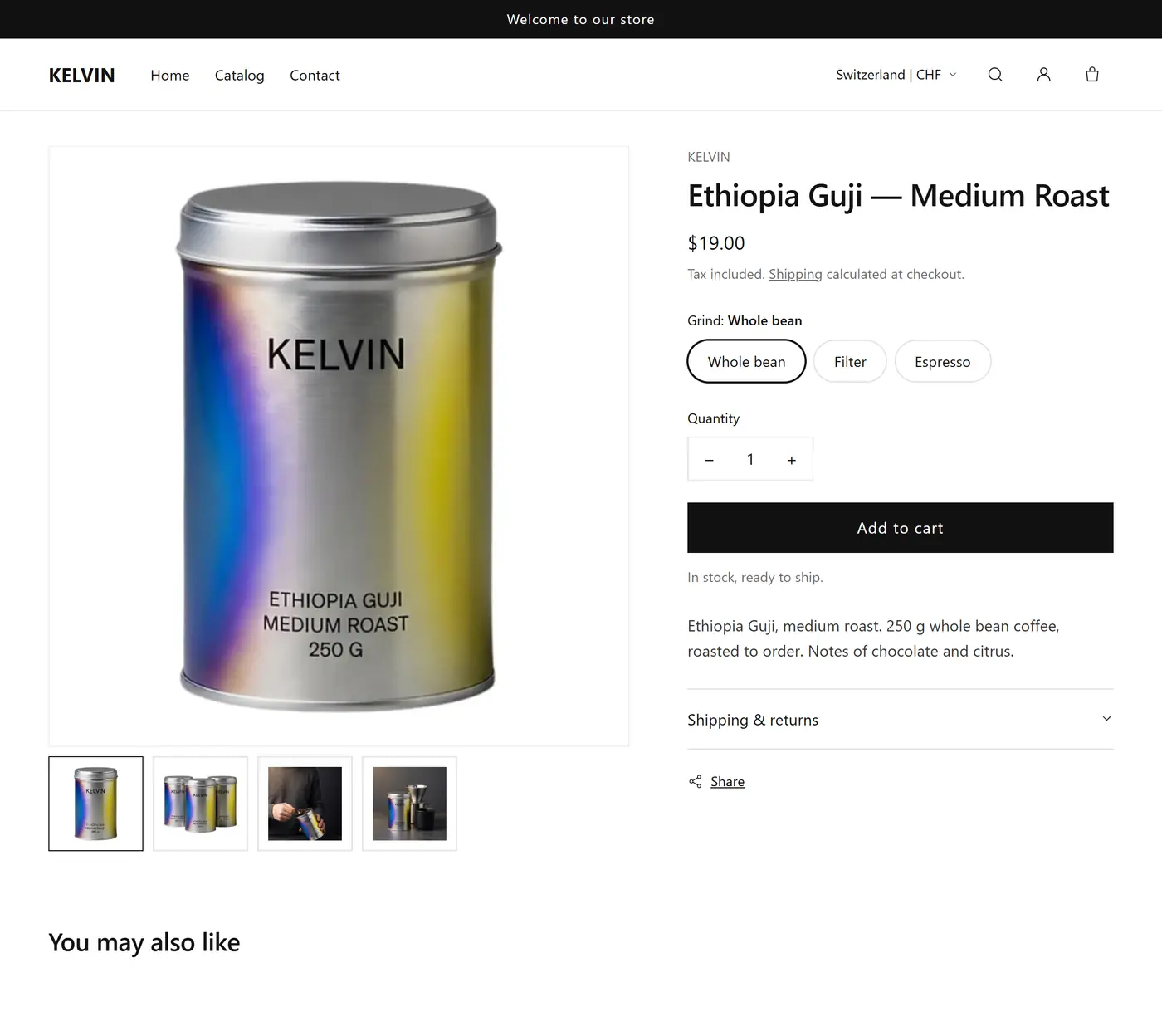 The Kelvin product page as an AI builds it alone, on the default Shopify theme: one photo, a title, a price, Add to cart.