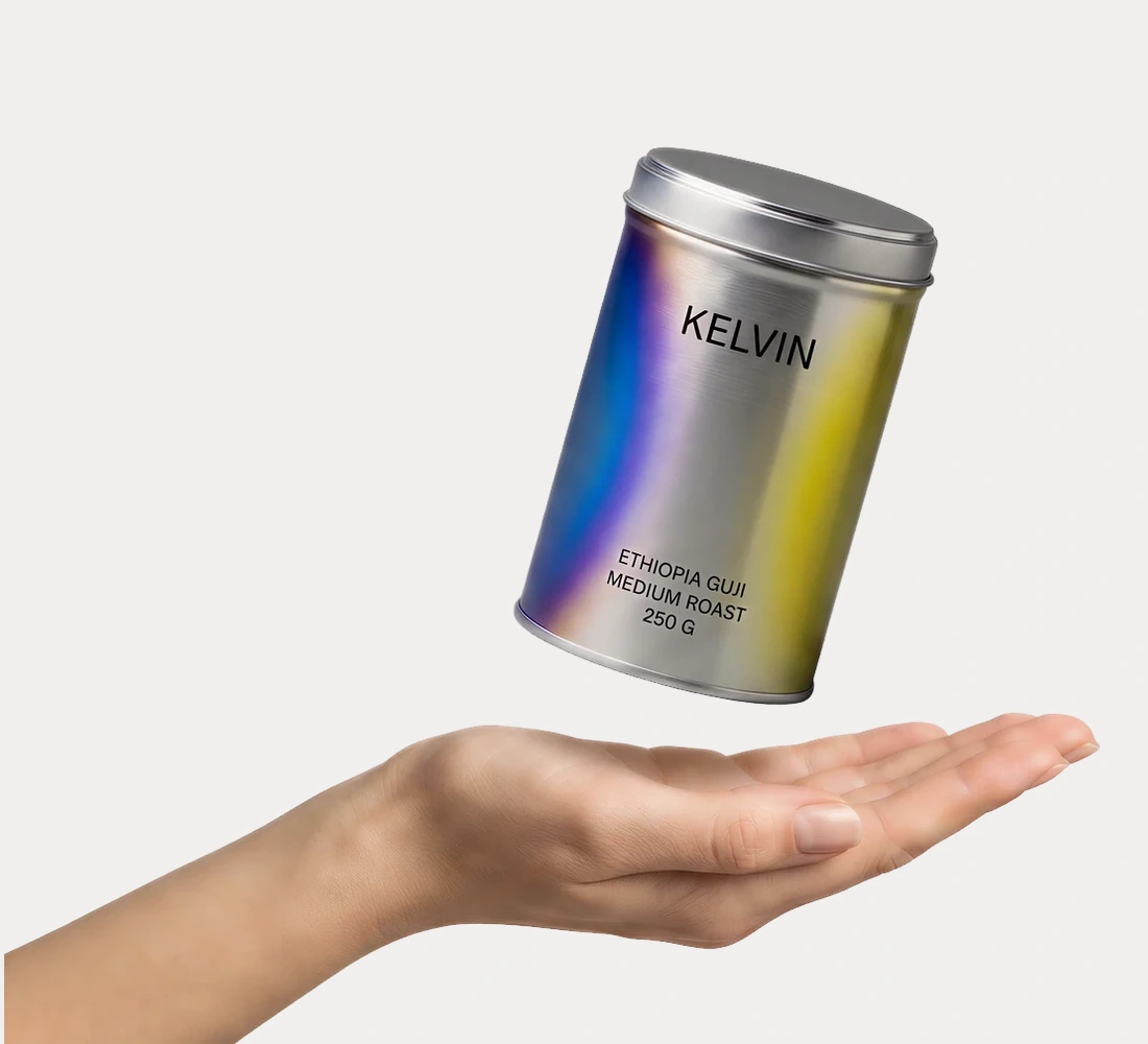 One KELVIN tin floating above an open hand