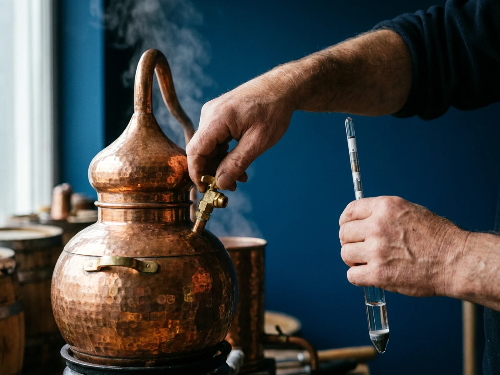 Les mains du distillateur sur le robinet de coupe du petit alambic de cuivre, un alcoomètre de verre dans l'autre main.