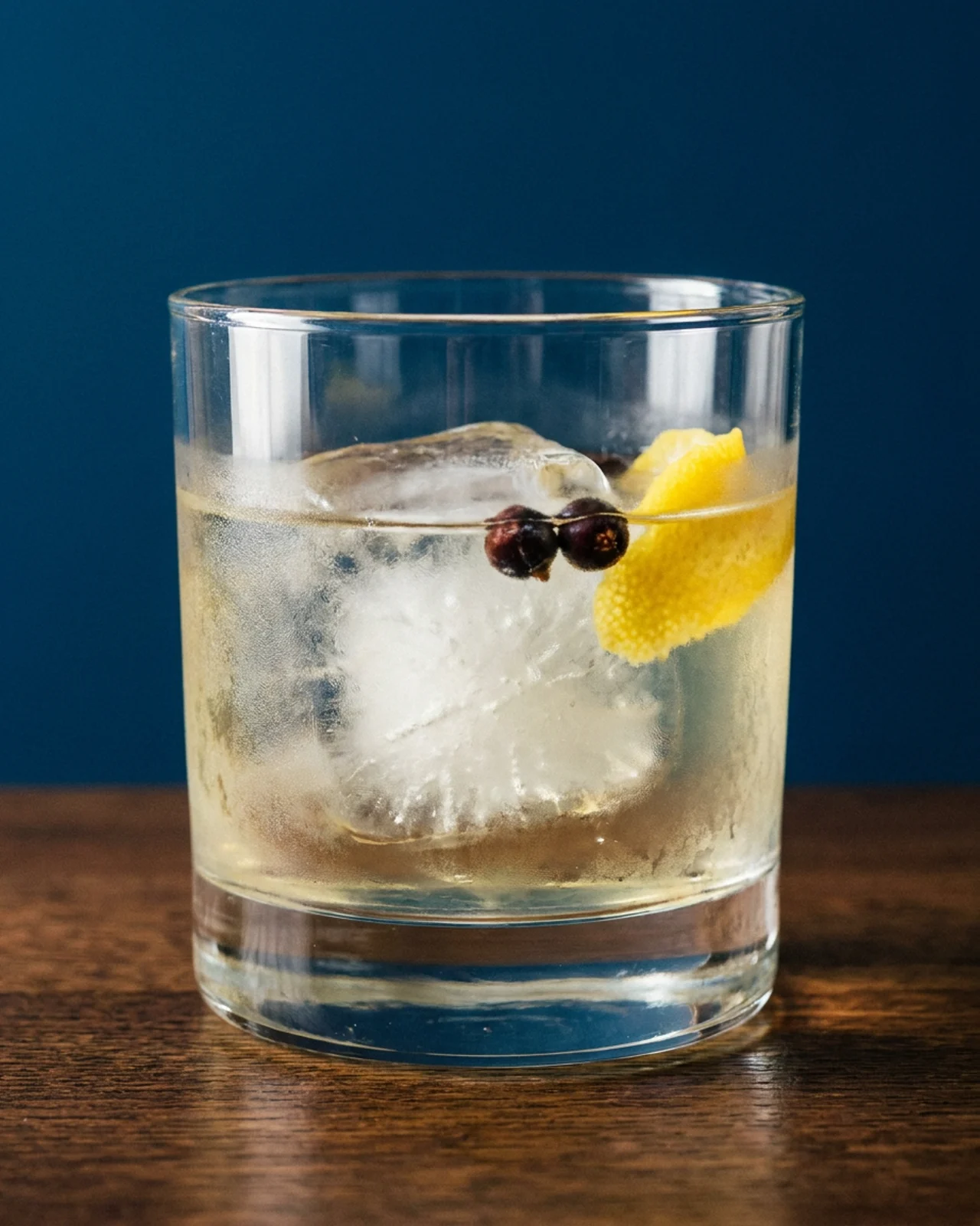 Le gin servi dans un tumbler épais sur un comptoir de chêne : un gros glaçon, deux baies de genièvre et un zeste de citron, le verre embué.